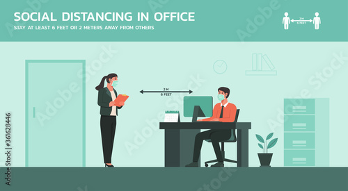 businessman and businesswoman meeting together in business office wearing mask and maintain social distancing to prevent coronavirus disease, new normal lifestyle concept, vector flat illustration