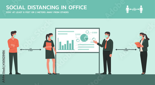 group of business people meeting together in meeting room wearing mask and maintain social distancing to prevent coronavirus spreading, new normal office lifestyle concept, vector flat illustration