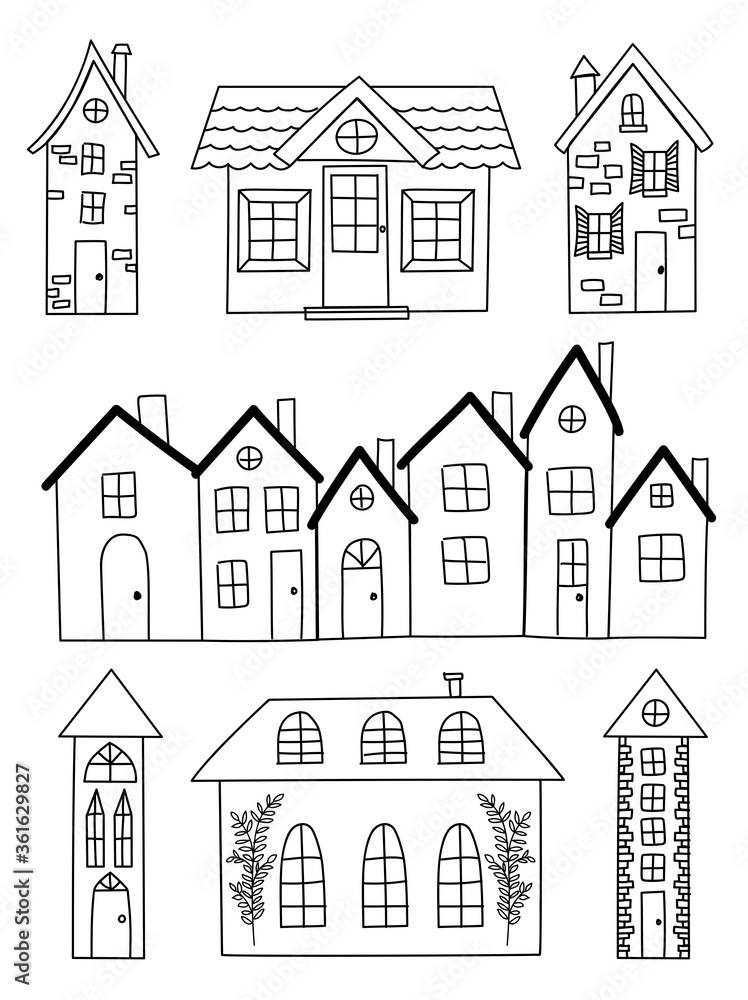 Set of hand drawn houses in doodle style isolated on white background. Vector outline architecture illustration. Sign of a residential building, purchase, sale, rental of real estate