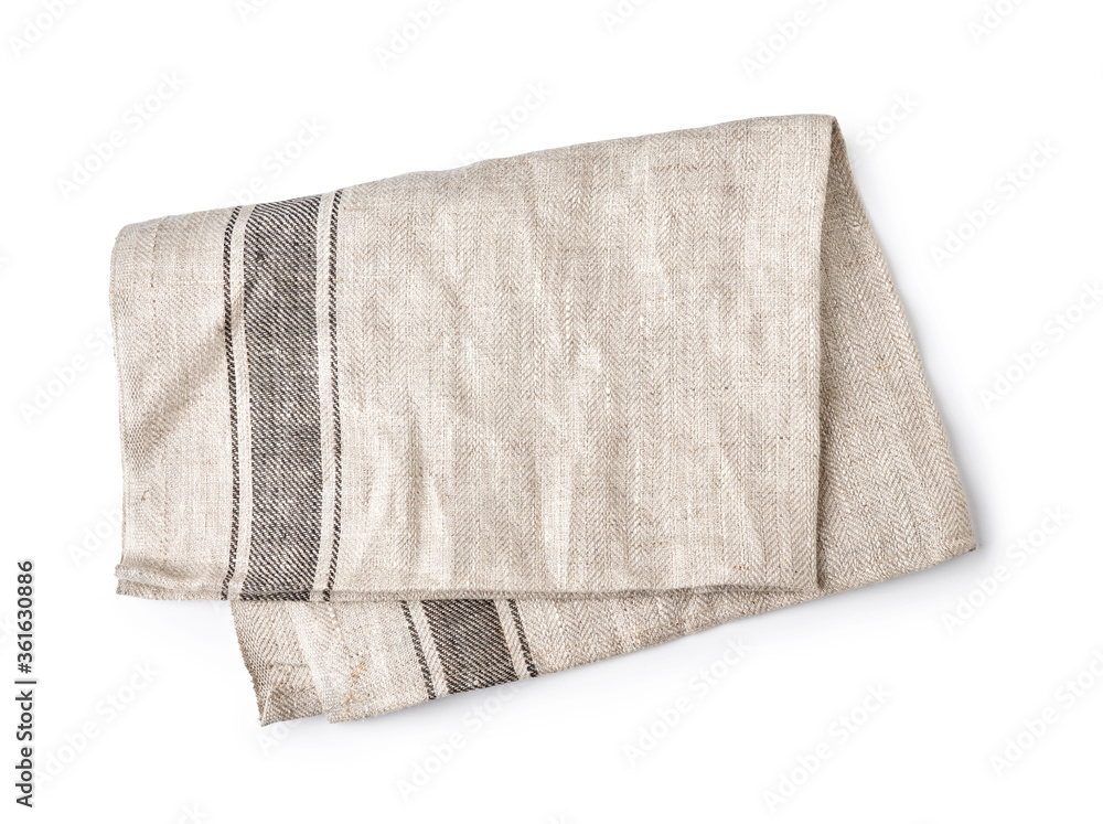 Kitchen grey folded table cloth isolated on white background. Top view of napkin. Kitchen grey folded table cloth isolated on white background. Top view of napkin.