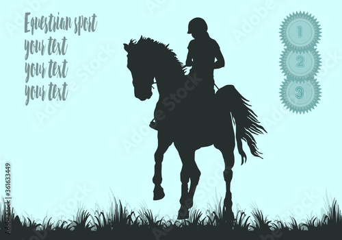 Horse rider silhouette, premium rosettes, equestrian sport, isolated black silhouette on a blue background, space for your text, banner, postcard