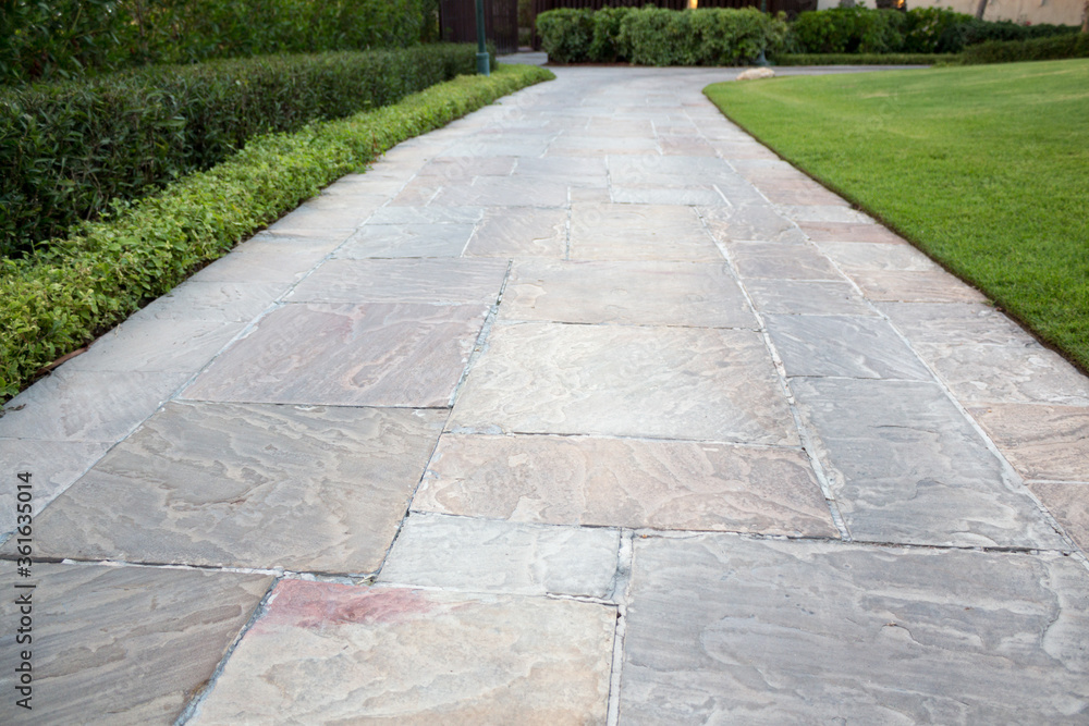 Stone tiles floor texture, garden design, copy space photo