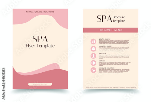 Minimalistic spa and healthcare design brochure. Flyer template with elements of medicine, spa, ayurveda, yoga and natural organic topics.