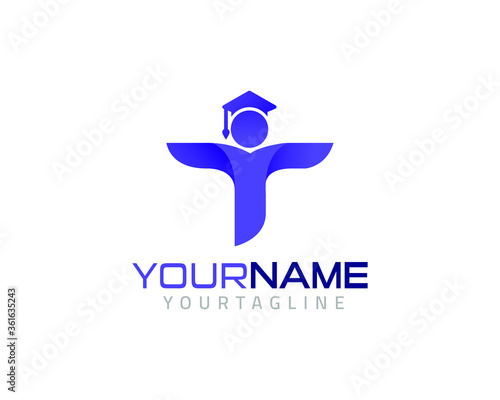 Initial letter T  education e-learning logo with teacher or student 