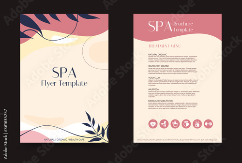 Minimalistic spa and healthcare design brochure. Flyer template with elements of medicine, spa, ayurveda, yoga and natural organic topics.