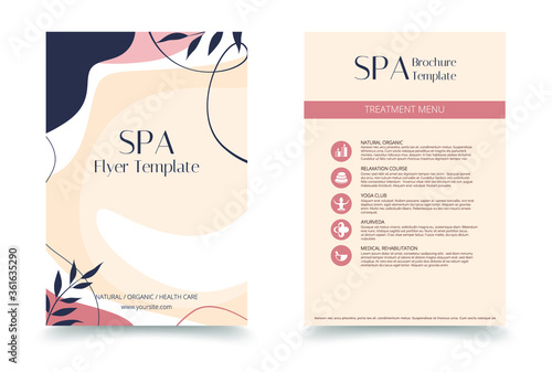 Minimalistic spa and healthcare design brochure. Flyer template with elements of medicine, spa, ayurveda, yoga and natural organic topics.