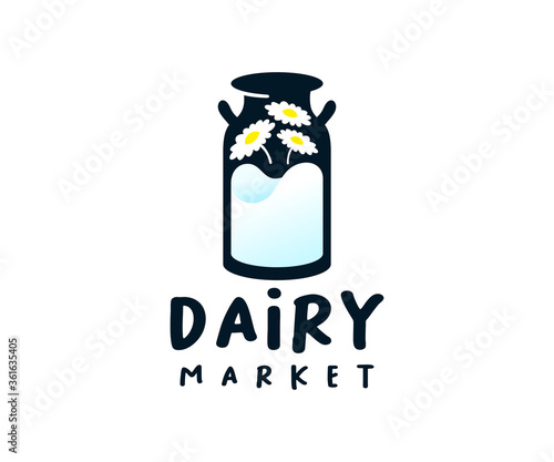 Milk can with milk and flowers, logo design. Dairy, food, cow farm and rancho, vector design and illustration