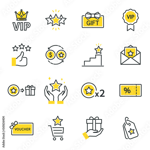 loyalty program line icon set. Included icons as member, VIP, Exclusive, Reward, Voucher, High level, Gift Cards, Coupon, outline icons set,  Simple Symbol, Badge,  Sign. Flat Vector thin line Icon