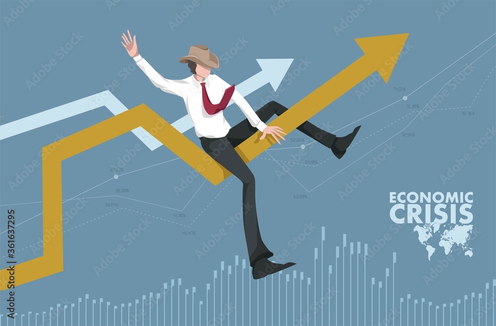 Fototapeta premium Global economic crisis. Markets, economy, graphic table, arrow, ups and downs, pandemic. Covid-19, rodeo, businessman, difficulty. Graphic tables, charts, lines in the background. Worrying about.