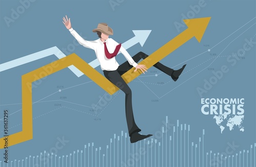 Global economic crisis. Markets, economy, graphic table, arrow, ups and downs, pandemic. Covid-19, rodeo, businessman, difficulty. Graphic tables, charts, lines in the background. Worrying about.