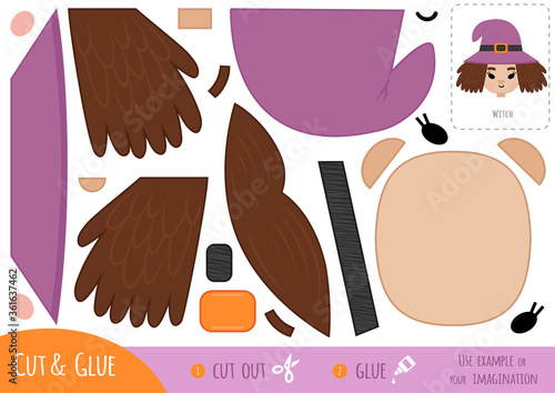Education paper game for children, Witch. Use scissors and glue to create the image.