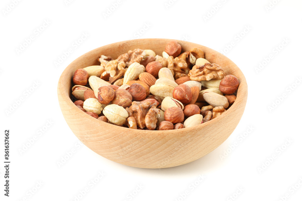 Bowl with different nuts isolated on white background. Vitamin food Bowl with different nuts isolated on white background. Vitamin food