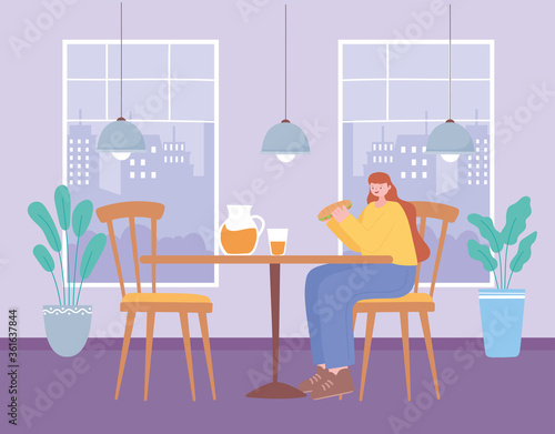 restaurant social distancing, woman eating fast food, covid 19 pandemic, prevention of coronavirus infection