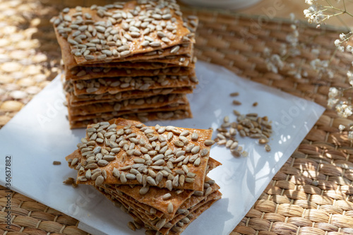 Healthy fresh baked crackers with sunflower seeds  photo