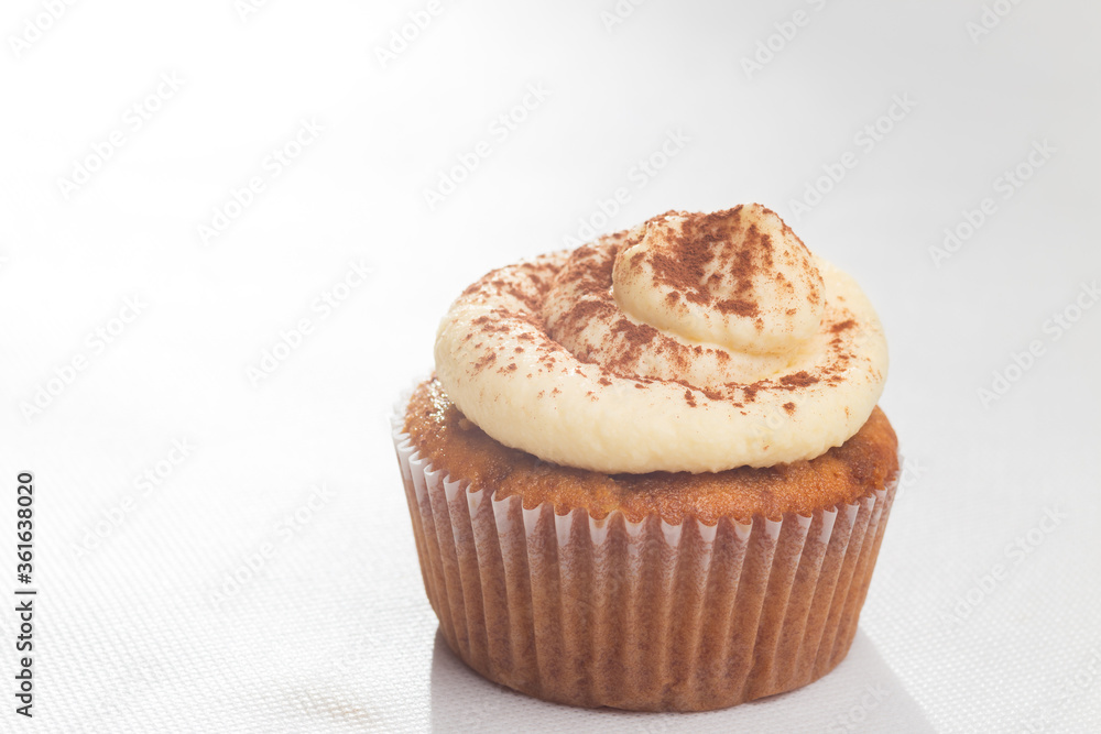 Tiramisu cupcake decorated with cocoa on white background homemade lactose free Tiramisu cupcake decorated with cocoa on white background homemade lactose free
