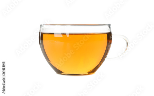Glass cup of chamomile tea isolated on white background