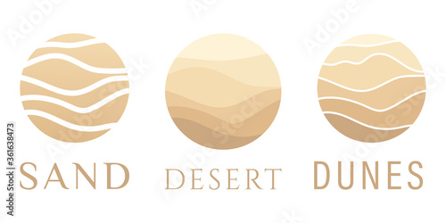 Sand logo,dunes,icon beach,sign desert abstract pattern of wavy lines in beige gold color paper cut background.Logo template,badge,label,stamp,pictogram for tourism,travel,arabian landscape.Vector