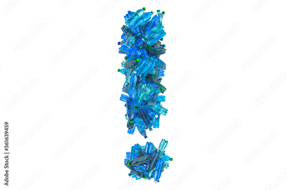 Exclamation mark from plastic water bottles, 3D rendering