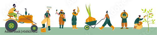 Organic farming. Agricultural workers planting and gathering crops, working on tractor, farmer, farmhouse. Flat cartoon vector illustration. Local grown.