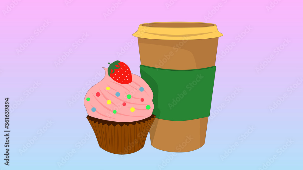 Cute cartoon coffee and muffin with strawberry or cupcake on blue and pink background. Coffee Time, coffee break. Promotion of coffee shop Cute cartoon coffee and muffin with strawberry or cupcake on blue and pink background. Coffee Time, coffee break. Promotion of coffee shop