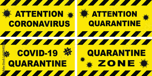 Yellow and black warning tapes. Attention coronavirus, quarantine zone, covid-19, border closed, do not cross.