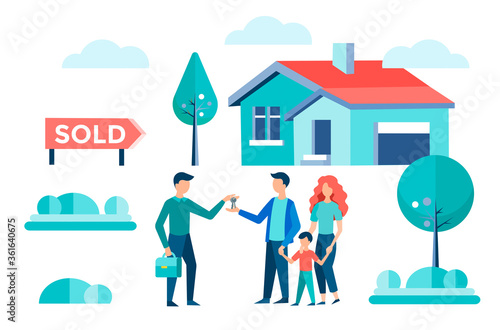 A real estate agent transfers keys to the owners of a beautiful private home in the suburbs.