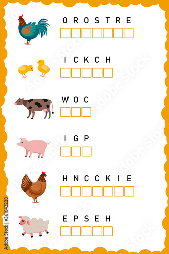 Put the letters in the correct order. Worksheet for education. Education logic game. Worksheet practice for preschool, elementary and middle school kids. Fun logic puzzle activity sheet.