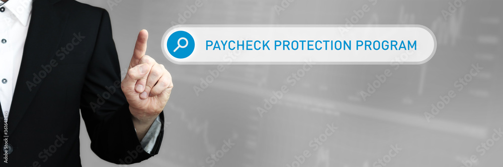 Paycheck Protection Program. Businessman (Man) in a suit pointing with his finger to a search box. The word is in focus. Blue Background. Business, Finance, Statistics, Analysis, Economy Paycheck Protection Program. Businessman (Man) in a suit pointing with his finger to a search box. The word is in focus. Blue Background. Business, Finance, Statistics, Analysis, Economy