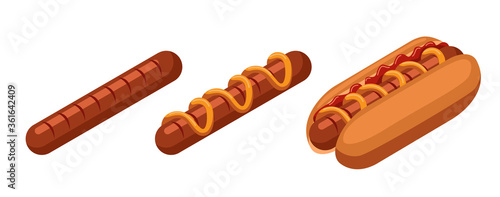 Isometric hot dog. Hot dog and sausage isolated on white background.
