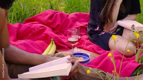 Couple having romantic picnic with wine in a park - 15 sec photo