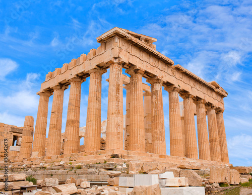 Famous ancient Greek Parthenon temple on a bright day at Acropolis in Athens, Greece