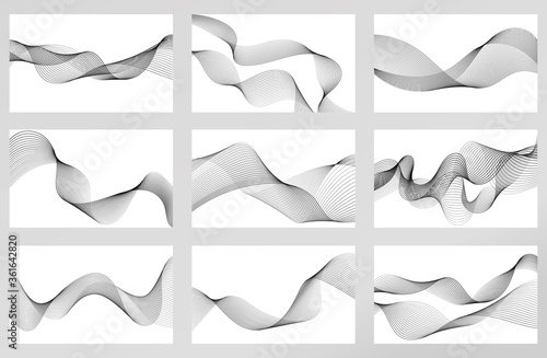 Abstract wave element for design. Set. Digital frequency track equalizer. Stylized line art background. Vector illustration. Wave with lines created using blend tool. Curved wavy line, smooth stripe.