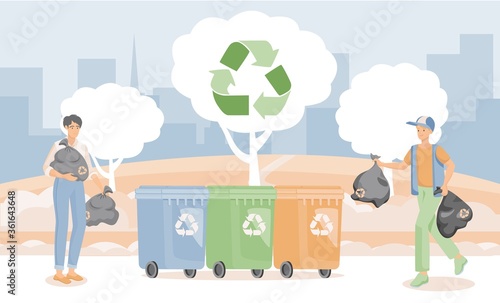 Smiling people putting garbage in containers vector flat illustration. Men practicing garbage collection, sorting, and recycling. Eco-friendly lifestyle, environmental protection concept.
