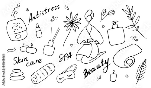 SPA procedure. Beauty wellness center elements. Hand drawn vector illustration