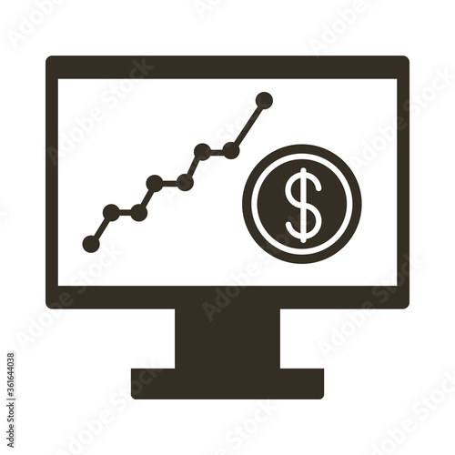 computer desktop with coin and statistics silhouette style icon