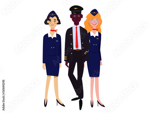 A black pilot and two flight attendants  on white background. Flight crew