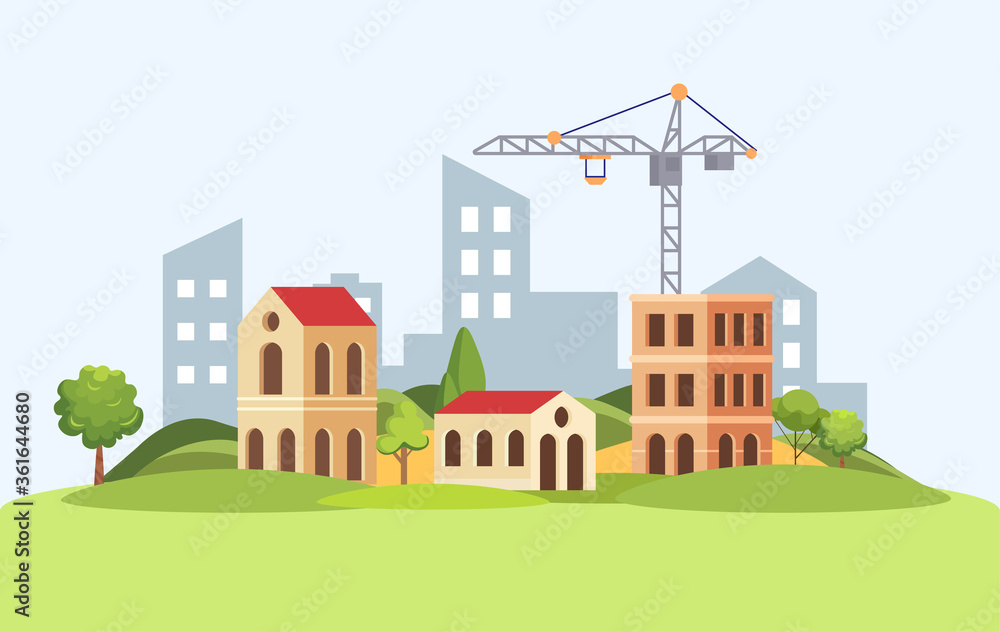 Construction crane builds houses on the background of the city vector flat illustration. Summer landscape. Building work process with country houses and construction machines.