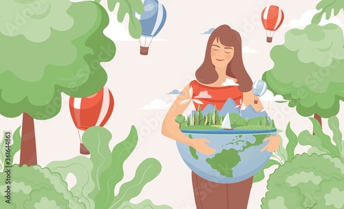 Young smiling woman hugging earth planet globe in the park or forest vector flat illustration. Eco-friendly lifestyle and energy sources concept. Earth day, world environment day, save the planet.
