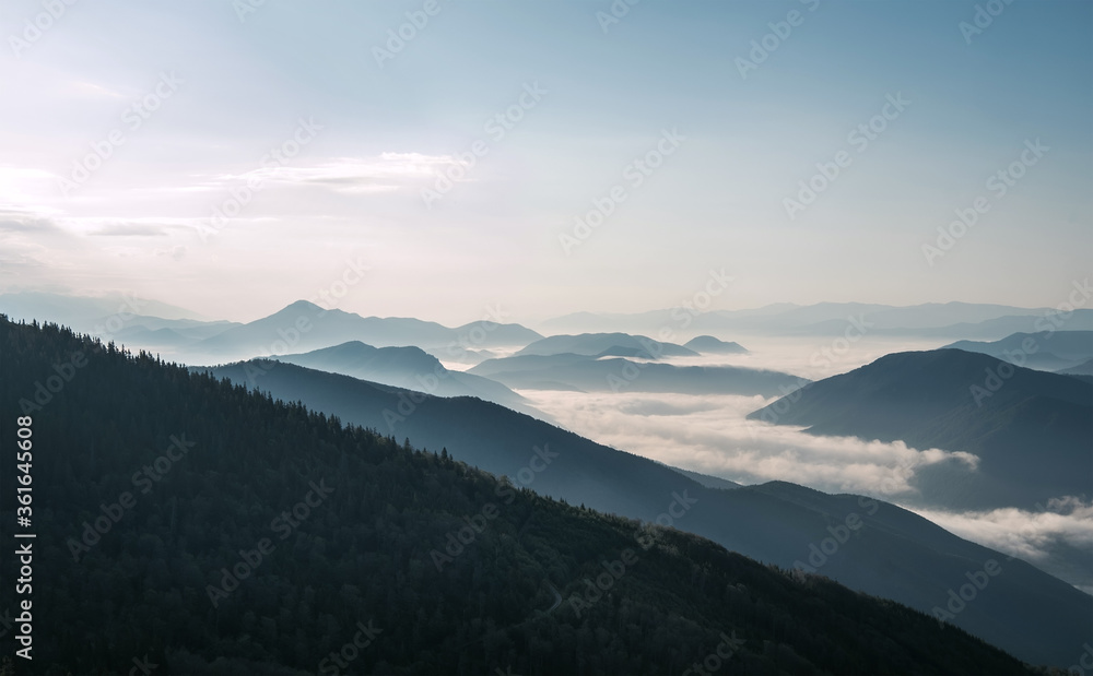 Stunning morning landscape view of the fog river flowing by the valley between the mountains. Mala Fatra mountains, Slovak Republic.