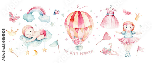 Baby shower kid swan watercolor girl design cartoon elements. Set of baby pink birthday balloon toy dress illustration. Newborn party set invitation