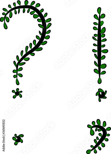 Vector image. Hand-drawn punctuation marks: question mark, dot, comma, exclamation mark. Part of the alphabet. Black tree branch and bright juicy green foliage. Leaves of a Bush. The summer mood. 