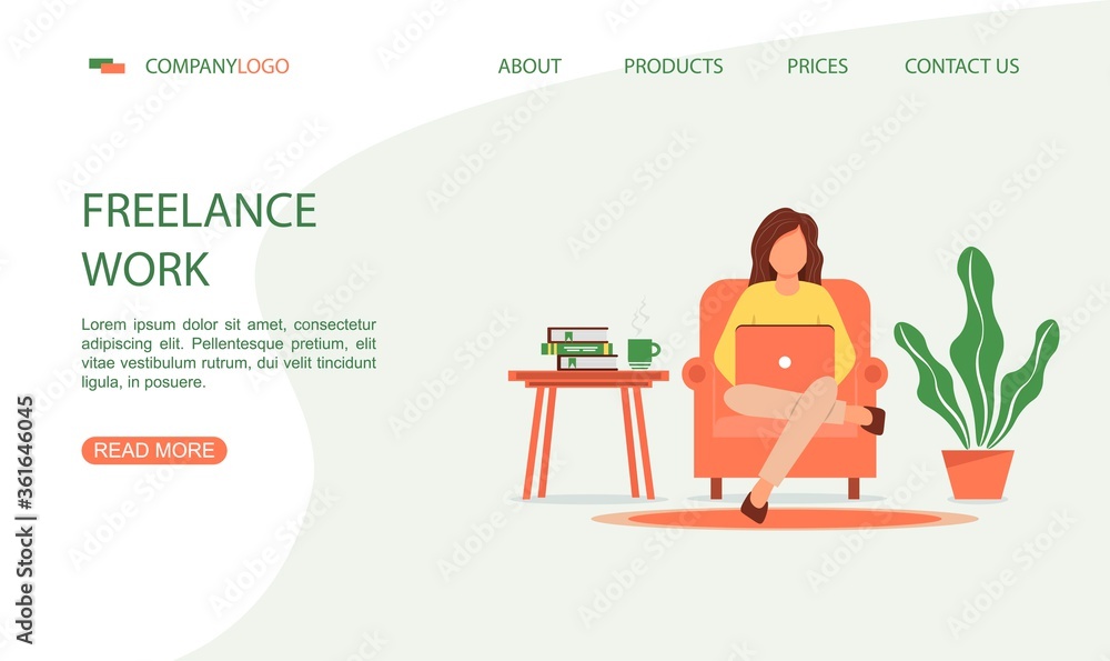 A woman is sitting in an armchair while working on a laptop. Home office concept, woman working from home. Landing page template in cartoon style. Illustration for freelancing, remote work, business