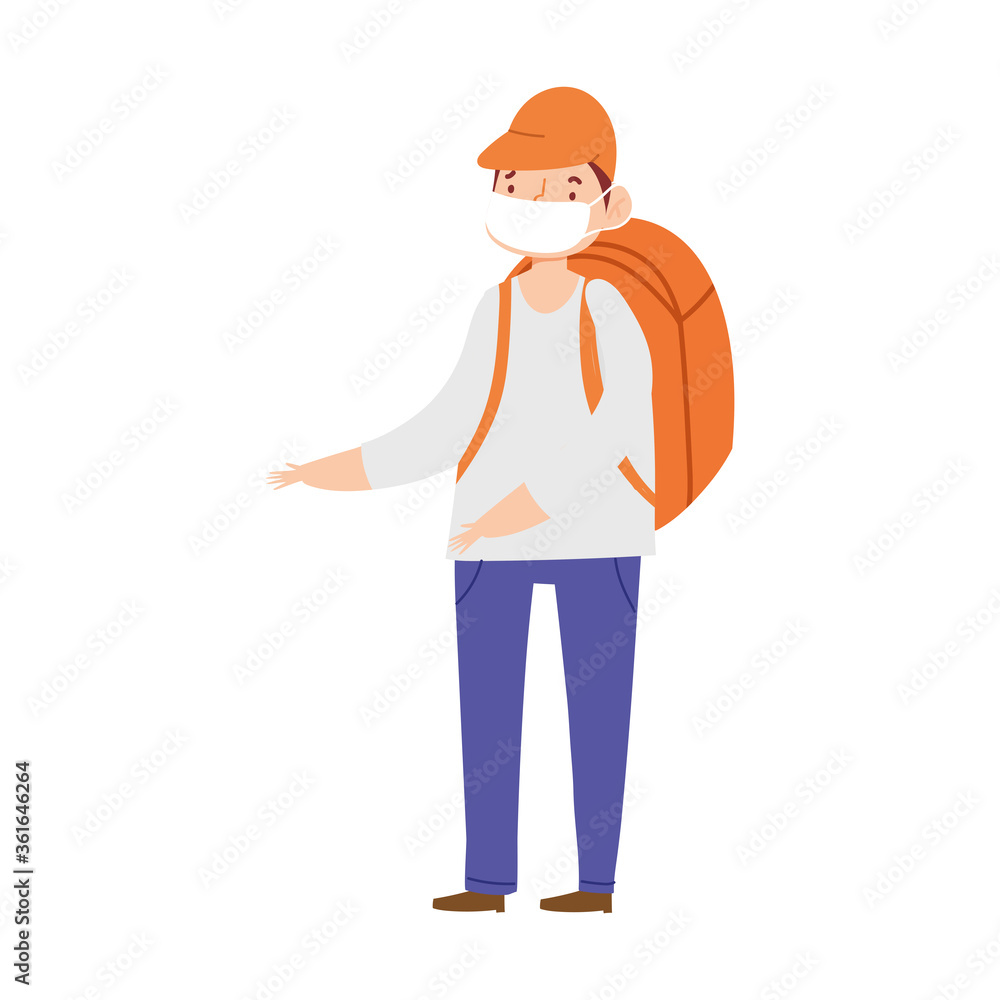 young man with medical mask and backpack isolated icon design