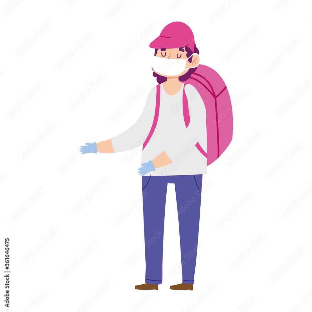 young man with medical mask and backpack isolated icon design young man with medical mask and backpack isolated icon design