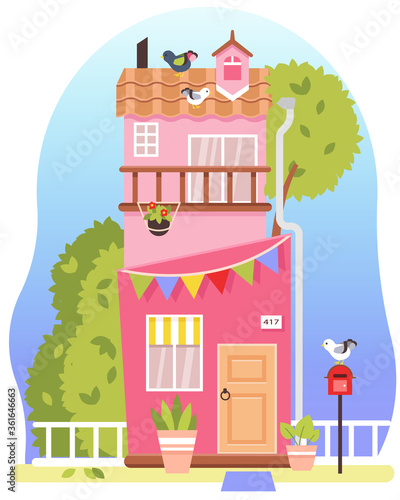 Vector illustration of a colorful two-story bright house. Summer pink marine cottage decorated garland with tree, mailbox and balcony.Blue gradient background. Seagull on the roof. Cute flat building.