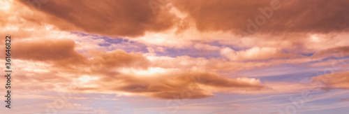 Summer sunset dranatic sky panorama with fleese clouds. Summer evening sky and weather concept background.