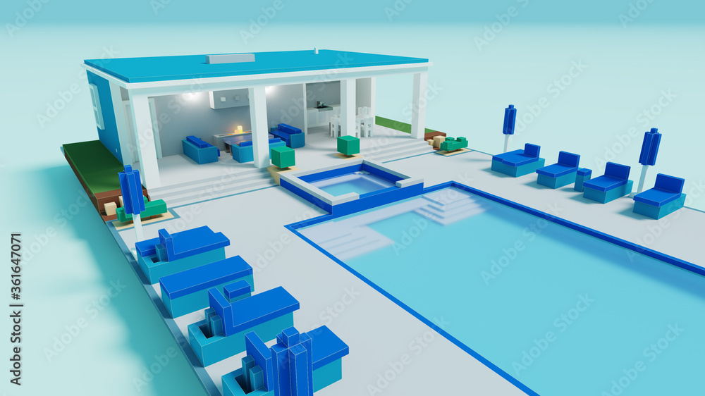 3d Illustration of an empty voxel pool house that is blue and white 3d Illustration of an empty voxel pool house that is blue and white