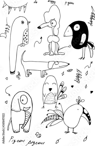 A set of vector animals and birds hand drawn. Black on white vector set.