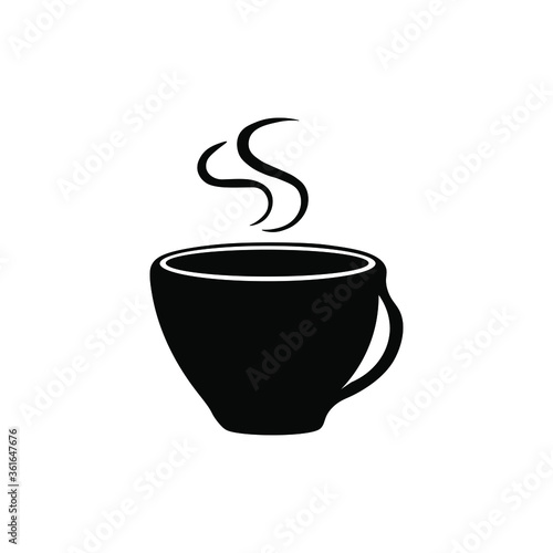 The mug icon is black. Cup sign with steam. Symbol of coffee shop and teahouse. Flat vector graphics.