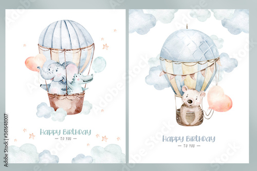 Cute cartoon air balloons birthday party illustrations. hand drawn baby shower air balloon. kids nursery wear fashion design, birthday invitation card.